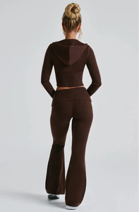 Activewear Women's Sportswear Embroidered Long <b>Flared</b> Pants Workout <b>Leggings</b> Gym Fitness Zipper Jacket Two Piece Yoga Sets - Product Image 2