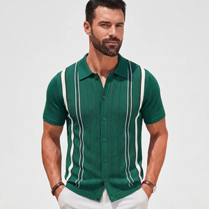 Polo en tricot rayé vert pour homme, manches courtes, décontracté, boutonné devant, respirant, en coton, coupe classique - Product Image 6