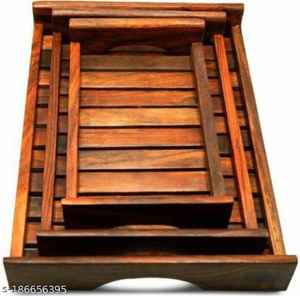 Ensemble de plateaux en bois de Sheesham de qualité supérieure, faits à la main, style rustique indien, plats de service écologiques, vaisselle en bois pour la cuisine et la salle à manger - Product Image 2