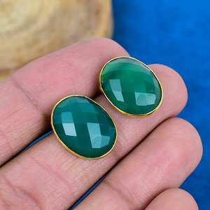 Natural <b>Green</b> Onyx Oval Shape Gemstone Dangle Hook <b>Earring</b> 18k Gold Micron Over 925 Sterling Silver - Product Image 1