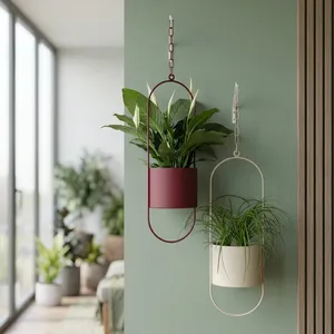 Macetas Colgantes Modernas de Metal con Marco Ovalado y Cadena |   Portaflores Decorativos Color Borgoña y Marfil para Decoración del Hogar en Interiores - Product Image 1