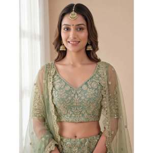 Girls Ethnic Embroidered <b>Green</b> Lehenga Choli in Soft <b>Net</b> with Customized Design - Product Image 2