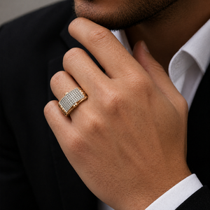 18K Rose Gold <b>Mens</b> Diamond Cluster <b>Ring</b> Rectangular Wide Top Bold Statement Design Luxury Fine Jewelry Wedding Party Daily Wear - Product Image 4