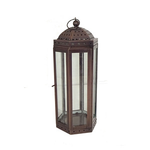 Lanterne à bougie hexagonale marocaine en métal finition bronze antique, avec cadre ajouré complexe, dôme en verre et poignée en fil métallique. - Product Image 6