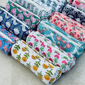 Indian Hand Block Printed Floral Eco-Friendly Greenish Cotton Handled Lightweight <b>Case</b> Quilted <b>Makeup</b> Pencil Travel Wash Zipper - Product Image 3
