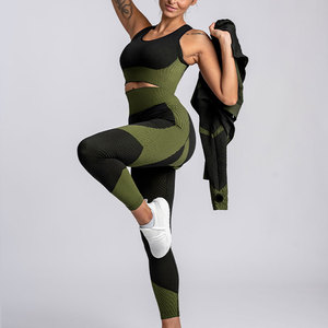 Ensemble de yoga pour femme, col roulé, color block, en spandex et polyester, sans couture, extensible dans les quatre sens, taille haute, tenue d'entraînement - Product Image 5