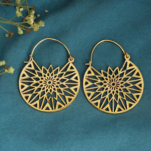 Handmade Gold Mandala Filigree Hoop Earrings Geometric Starburst <b>Boho</b> Ethnic Jewelry <b>for</b> Women - Product Image 4