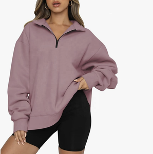 Sweat-shirts à capuche pour femmes, hiver, coupe oversize, quart de zip, en polaire, manches bouffantes, logo de marque personnalisé, grammage lourd, respirant, grandes tailles - Product Image 5