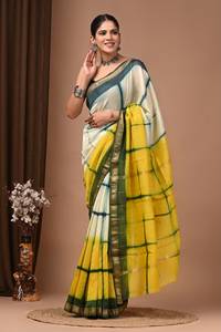 Sari BAGRU BLOCK Maheshwari de Seda y Algodón, con Borde Dorado Zari, Estampado a Mano, Tradicional Indio para Bodas, Venta al Por Mayor - Product Image 5