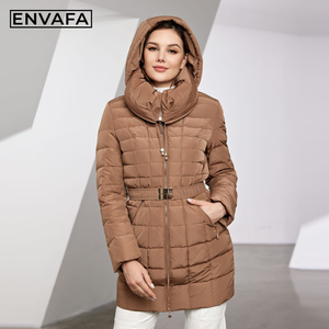 Abrigo de invierno para mujer con capucha y cinturón, impermeable, largo, tipo parka, cálido, acolchado, con relleno, diseño a cuadros, chaqueta de plumón gruesa para nieve. - Product Image 6