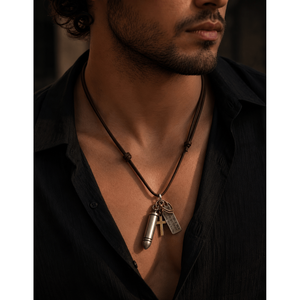 <b>Titanium</b> Steel Silver Bullet Pendant Necklace for Men & Boys with Adjustable Pure Leather Cord - Product Image 1
