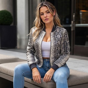 Blouson Bomber en Cuir pour Femme Effet Peau de Serpent Matelassé Écologique avec Doublure en Soie Détails Vintage Respirant Hiver - Product Image 5