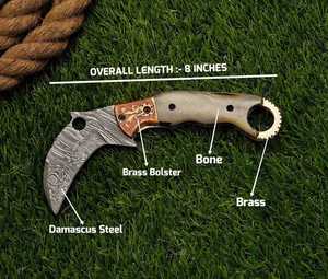 Premium Handmade Damascus steel folding <b>Knife</b> with Brass & <b>Bone</b> <b>Handle</b> - Brass Bolster Exquisite Artistry - Product Image 4