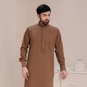 Men's Solid Brown Cotton Long Sleeve Thobe Ankle Length <b>Arabic</b> Islamic Eid Clothing Stand Collar Modest Casual Daily Wear - Product Image 6