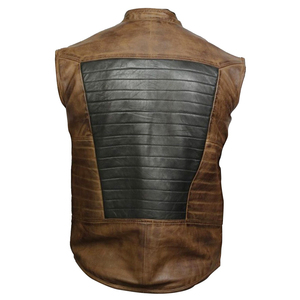 <b>Men's</b> Brown Black Genuine Leather Quilted <b>Vest</b> Stand Collar Full Zip Moto Biker Style Autumn Outerwear OEM Leather <b>Vest</b> - Product Image 4