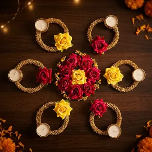 Juego de Portavelas de Loto Rosa Hechos a Mano con Centro de Mesa Verde para Diwali, Pooja, Bodas y Decoración del Hogar - Product Image 5