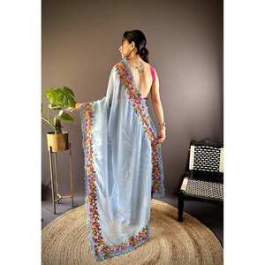 Hilo Sari de diseñador con trabajo de bordado multicolor Hermosa tela de bordado - Product Image 2