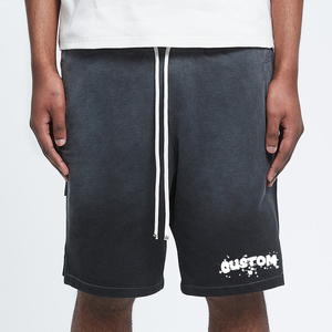 Short décontracté pour homme en coton French Terry de qualité supérieure, taille mi-haute, motif uni, effet délavé soleil, respirant, tendance et à la mode, avec dentelle au genou - Product Image 6