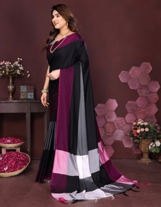 Sari en coton et soie Banarasi rayé uni KV International - Réversible, séchage rapide, sans plis, idéal pour les mariages d'automne - Product Image 6