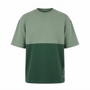 Camiseta de Hombre Verde Salvia y Verde Oscuro con Bloques de Color, Cuello Redondo, Manga Corta, Corte Holgado, Estilo Casual Urbano - Product Image 3