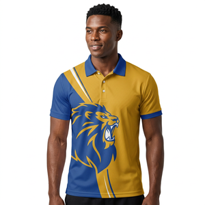 Polo de Manga Corta para Hombre con Estampado de León Amarillo y Azul, Transpirable, de Poliéster Tejido, Corte Regular Informal, con Logotipo Frontal - Product Image 2