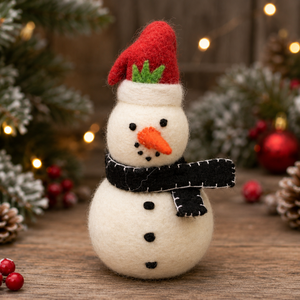Handcrafted Wool Snowman Doll With Red Hat And Black Scarf Traditional Christmas Decoration Indoor Use Up To 3.9in Height - Product Image 1