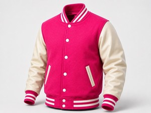 Veste de sport rose pour homme avec manches en cuir PU crème, coupe classique, fermeture à boutons, style preppy, vêtement d'automne - Product Image 2