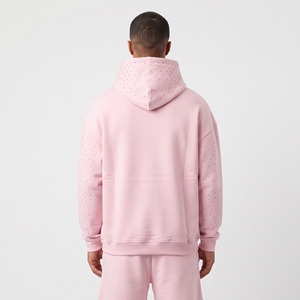Men's Rhinestone Embellished <b>Hoodie</b> Shiny Sleeve Cotton <b>Pink</b> Hooded Streetwear Casual Winter Pullover Sweatshirt - Product Image 2