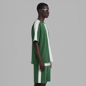 Nuevo Conjunto Deportivo para Hombre en Verde y Blanco con Bloques de Color, Camiseta de Cuello Redondo y Manga Corta, Corte Holgado, Transpirable para Verano - Product Image 5