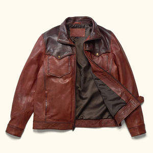 Veste en cuir bordeaux pour homme, style western vintage, deux tons, fermeture éclair, cuir véritable, style rancher, vente en gros OEM - Product Image 1