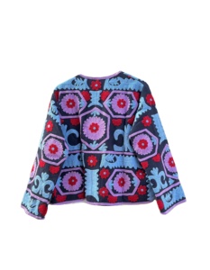 Veste en velours brodé Suzani bleu pour femmes, tenues indiennes, disponible au prix de gros pour l'exportation - Product Image 4