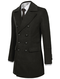 <b>Men's</b> <b>Black</b> Double Breasted Wool Overcoat Slim Fit Notched Lapel <b>Long</b> <b>Coat</b> - Product Image 1