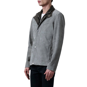 <b>Men's</b> Grey Suede <b>Shirt</b> Jacket With Contrast Leather Turn-down Collar Single Breasted Casual Coat - Product Image 3