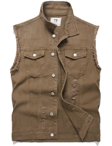 <b>Men's</b> Vintage Washed Denim <b>Slim</b> Fit Sleeveless <b>Vest</b> Single Button Closure Quick Dry Anti-UV Outerwear - Product Image 1