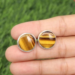 Boutons de manchette œil de tigre en argent sterling 925, boutons de manchette ronds en pierres précieuses pour hommes, cadeau de bijoux formels pour les garçons d'honneur et les mariages - Product Image 1