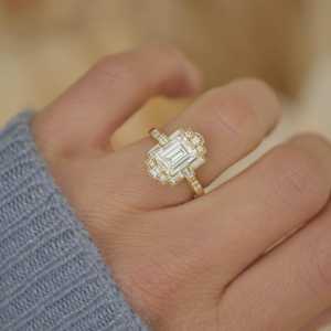 2mm Art Deco Engagement <b>Ring</b> 14K Solid Gold <b>Emerald</b> Princess Baguette Round Lab Grown Diamond Luxury Wedding Anniversary Jewelry - Product Image 2