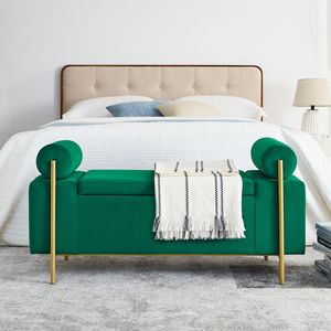 Elegante Panca Contenitore in Velluto Verde con Gambe in Ferro e Braccioli Cilindrici per Ingresso, Soggiorno e Camera da Letto - Product Image 3
