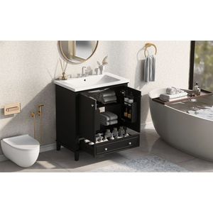 Mobile Bagno Multifunzionale da 30 Pollici con Struttura Solida in MDF, Lavabo Integrato, Mobile Nero con Ante e Cassetto - Product Image 1