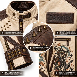 Chaqueta de Cuero Genuino Beige para Hombre, Estilo Motero con Tachuelas, Estampado Gráfico de Gato y Pecho Marrón, Abrigo con Tachuelas, Venta al por Mayor de Fábrica, Fabricante OEM ODM Personalizado - Product Image 6