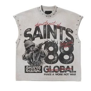 เสื้อยืดคอตตอนเจอร์ซีย์พรีเมียม แขนกุด พิมพ์ลายกราฟิก ประดับหมุด สไตล์สตรีทแวร์ โลโก้สั่งทำ ผ้าฝ้าย 100% สำหรับผู้ชาย ทรงหลวม พิมพ์ลาย - Product Image 3