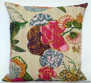 Indian Bohemian Kantha <b>Cushion</b> Cover Handmade Kantha Work Throw Pillow Hand Block <b>Printed</b> <b>Cushions</b> Covers 16X16 inches - Product Image 1