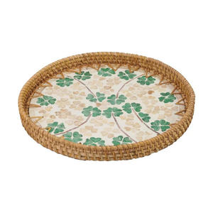 Bandeja Redonda de Ratán Hecha a Mano con Incrustaciones de Madreperla Verde, Bandeja Decorativa Artística Tropical Costera para Mesa de Centro - Product Image 3