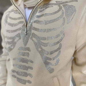 Sudadera con capucha de lujo con logotipo personalizado, diseño de esqueleto y pedrería, para hombre, blanca, con cremallera completa, máscara de esquí, tejido French Terry de alto gramaje - Product Image 4