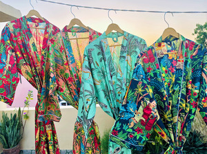 Tropical Print Wrap Robe Women's Loose Fit <b>Three</b> Quarter Sleeve Midi Dress V-Neck Breathable Polyester Summer Casual Wear - Product Image 4