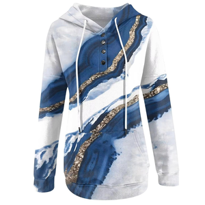 Sweat-shirt décontracté à manches longues pour femme, à boutons, imprimé, avec poches, motif marbré bleu et blanc - Product Image 3