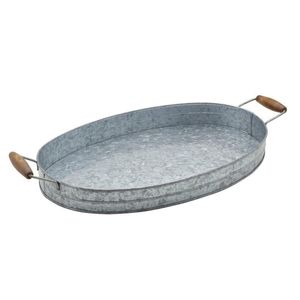 Plat de service de qualité supérieure fait à la main, élégant et abordable, plateau de service ovale galvanisé avec poignées en bois - Product Image 4