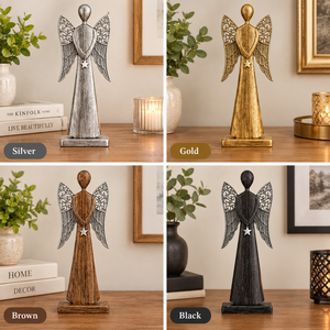 Figura de Ángel Rústica de Madera con Alas de Metal Plateado y Colgante de Estrella - Centro de Mesa Festivo para Navidad, Decoración del Hogar - Product Image 4