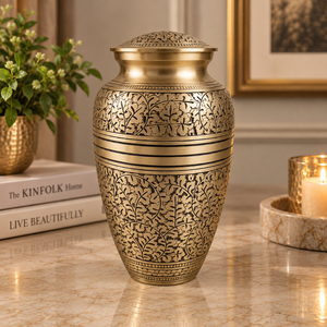 Urna Metálica Única con Diseño de Enredadera Botánica, Acabado Azul Marino y Dorado, Florero Decorativo Conmemorativo con Tapa - Product Image 6