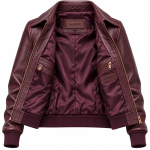 <b>Womens</b> Burgundy Genuine Leather Aviator <b>Jacket</b> <b>Vintage</b> Zip Up Ribbed Hem Coat Darkry Custom Factory Wholesale Supplier - Product Image 5