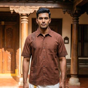 Handcrafted Men Brown Cotton <b>Shirt</b> with Ethnic Border Details Artisanal Casual Wear Pure Cotton Fabric <b>Shirt</b> - Product Image 1